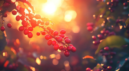 The sun sets behind the coffee plantation, and red fruits hang on green branches. The background is blurred with warm tones, presenting a beautiful scene of natural beauty. A large number of coffee beans growing in various shapes symbolize vitality and richness. High-definition photography, high resolution, ultra-detailed, depth of field, focus stacking, global illumination, soft lighting, super-realism, and super-detailed. --ar 128:71 --v 6.1 Job ID: 1cffe778-f806-45be-9956-bab529c89af2の素材