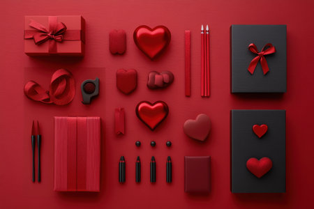 Valentine's Day background with red hearts, gift box, and ribbon on a red flat surface, top view. Love concept for a Happy Valentine's Day banner template design. --ar 3:2 --v 6.1 Job ID: 482029ff-560b-4e3b-89d0-789f4ef97ac9の素材