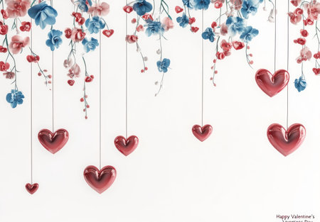Valentine's Day background with hearts and flowers vector illustration. "Happy Valentine's Day" text, white background, 3D rendering, typography design, pastel color palette, red heart shape in the top left corner hanging from strings. Vector illustration, white background, 4K resolution, high detail, high quality, high definition. --ar 43:30 --v 6.1 Job ID: 676b83f4-d393-4b73-a41c-4d1c18e90d49の素材