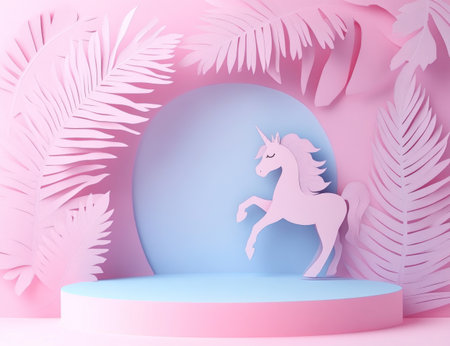 Pink podium background with pink and blue pastel colors, palm leaves, paper cut style, cartoon illustration, cute baby unicorn silhouette, 3D render, high resolution. --ar 13:10 --v 6.1 Job ID: cc83b179-434c-48af-9f71-cb67096aadf6の素材