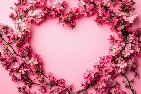 Pink heart-shaped frame with flowers on a pink background, a flat lay top view with copy space. This award-winning, detailed shot was taken on a Sony Alpha A7R III camera with an aperture of f/8 and an ISO range to be used as a website banner for a Valentine's Day card. There are no text or other elements in the center of the composition. --ar 3:2 --v 6.1 Job ID: e44af1a9-0fd8-41f5-8ee9-2d77288f2776の素材
