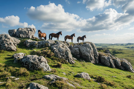 Photo of five horses on rugged granite rocks in the beautiful moorlands at The Temples, curated by National Geographic, award-winning photography, nature magazine cover style. Horses standing near large rock formations on a sunny day with a blue sky and white clouds, with green meadows below. --ar 3:2 --v 6.1 Job ID: ca44f307-40b6-4fd1-a35d-fadf996d6256の素材