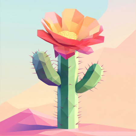 Vector illustration of a cactus with a flower, in a low-poly style, with bright colors and a pastel background. --v 6.1 Job ID: 8e315c85-102a-43be-8680-c16cb0eb3325の素材
