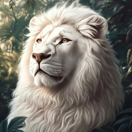 White lion, portrait, jungle background, fantasy art style, hyper-realistic, digital painting, soft lighting, high resolution, highly detailed. --v 6.1 Job ID: f32b6ce6-23a3-4e8b-9567-224a194ed5c6の素材