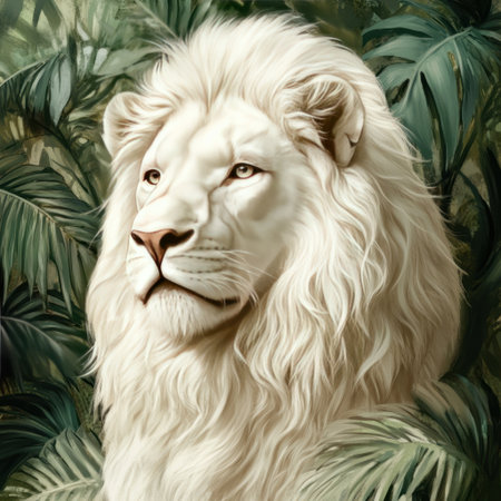 White lion, portrait, jungle background, fantasy art style, hyper-realistic, digital painting, soft lighting, high resolution, highly detailed. --v 6.1 Job ID: f32b6ce6-23a3-4e8b-9567-224a194ed5c6の素材