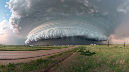 Tornado and thunderstorm on the road background, a concept of natural disaster, weather, and climate change, captured with a wide-angle lens. --chaos 30 --ar 16:9 --v 6.1 Job ID: fbcb1356-23f3-4bbe-9ab8-79ee416efae6の素材