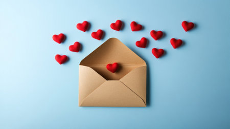 Red hearts flying out of an open envelope on a light blue background, in a flat lay composition. Love letter concept. --chaos 30 --ar 16:9 --v 6.1 Job ID: 4fce0add-6f67-43a0-9edf-b8c2ba159fd7の素材
