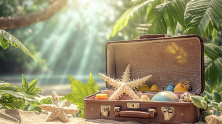 The open suitcase is filled with beach accessories and summer vacation on the sandy shore of an exotic island, against the background of a blue sky and palm trees, with sunlight shining through the leaves. A vibrant scene that captures your anticipation for sun rays, sea waves, sand particles, colorful toys, bright colors, and sunshine. --chaos 30 --ar 16:9 --v 6.1 Job ID: d8269933-8ed9-4657-a2c0-0a9359540b14の素材