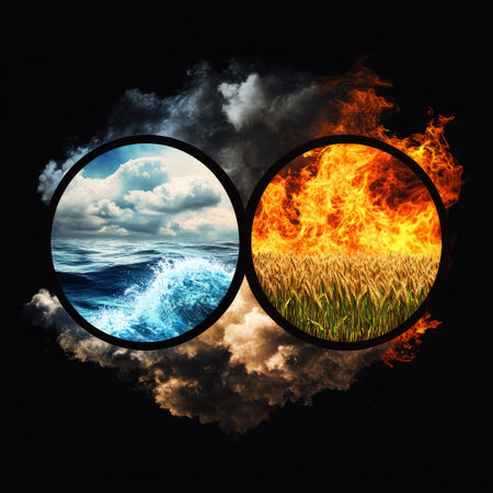 Three overlapping circles, one with a water motif, another in sky blue, and the third in brown earth and grassy ground, in an icon format for app logo design. The four elements include fire and ice as color tones. There is a realistic photograph of flames to represent fire and an abstract cloud scene for the sky blue circle. In between these two circular shapes, there's a realistic photo of dirt or land covered by green wheat fields. It includes some abstract nature patterns like clouds and earth. --v 6.1 Job ID: 61434d6a-5374-4111-a632-e2cee0751f04の素材