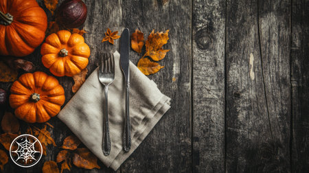 The background is an old wooden table with pumpkins and autumn decorations, a napkin wrapped around cutlery on the left side of the frame, a top view, a flat lay composition, a warm light illuminating the scene, creating a cozy atmosphere for Halloween or Fall theme menu design. The focus should be on the rustic wood texture and the delicate details of silverware and fall elements to create a charming and inviting visual that could emphasize themes like nature's colors, season changing, happy meal at home, family gathering, food cooking etc. --chaos 30 --ar 16:9 --v 6.1 Job ID: 40e4792d-c3e2-40cd-afdf-bcfd5349fb0aの素材