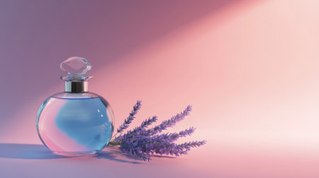 Product photography, featuring a perfume bottle with lavender flowers next to it, set against a gradient pink background, with a high-end feel. The studio lighting creates blue and purple tones, and the light reflects off the glass of the material, casting soft shadows. The overall composition is simple yet elegant, highlighting the theme. The image is high resolution, with professional color grading and clear focus, in a commercial photography style. --chaos 30 --ar 16:9 --v 6.1 Job ID: 86bf76c9-7495-45ca-8ea6-949f6b4292efの素材