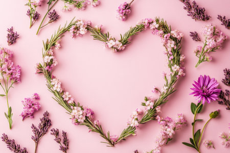 Pink heart-shaped frame with flowers on a pink background, a flat lay top view with copy space. An award-winning, detailed shot captured on the Sony Alpha A7S III. --ar 3:2 --v 6.1 Job ID: f0d99456-ec33-4ccf-ad9b-fd21f84b43dcの素材