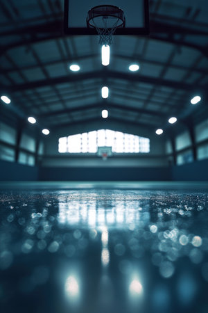 Professional photography of an indoor basketball court, blurred background, low-angle shot, high resolution, high quality, high detail, cinematic photography, cinematic lighting, lens flare, depth of field, bokeh effect, Octane render, hyper-realistic, close-up, low camera position, basketball hoop in the foreground, empty gymnasium floor, dark blue and white color scheme. --ar 85:128 --v 6.1 Job ID: 4732336f-a6a7-463d-bf0c-3e8b6dd63c4bの素材