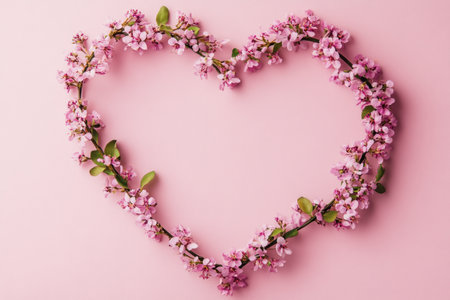 Pink heart-shaped frame with flowers on a pink background, a flat lay top view with copy space. This award-winning, detailed shot was taken on a Sony Alpha A7R III camera with an aperture of f/8 and an ISO range to be used as a website banner for a Valentine's Day card. There are no text or other elements in the center of the composition. --ar 3:2 --v 6.1 Job ID: e44af1a9-0fd8-41f5-8ee9-2d77288f2776の素材