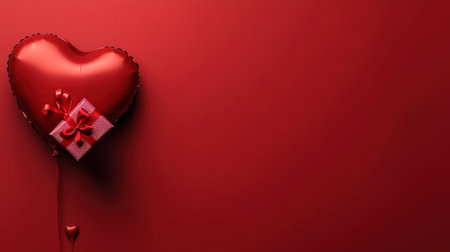 Photo of a heart-shaped balloon holding an open gift box on a red background, symbolizing Valentine's Day and love. Web banner with copy space on the right. --chaos 30 --ar 16:9 --v 6.1 Job ID: a1be12b9-6f66-4036-bbd4-0340619db941の素材