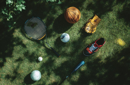 Photo of various sports equipment on grass, including a badminton racket and ball, a soccer ball, a baseball glove and bat, a basketball, and shoes, from a top-down view. --ar 23:15 --v 6.1 Job ID: 8be105e4-dc51-4b3a-9334-108a4c6674d6の素材