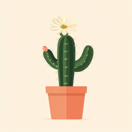 Vector flat geometric illustration of a cactus with a flower, isolated on a light background, high-resolution photography. --v 6.1 Job ID: 85774faf-6749-42fe-8234-9a2f94046d70の素材