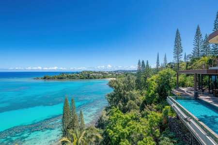 A stunning view of the turquoise waters and lush pine forest on new caledonia's tropical island, perfect for vacation photography, with clear skies above. --ar 3:2 --v 6.1 Job ID: 31e7aaa8-1d41-4c61-9045-97e43c4e4d12の素材