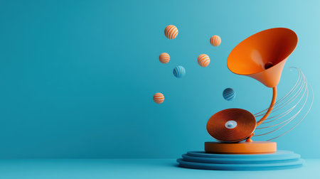 3D illustration of an orange vintage gramophone with some colorful striped balls flying around, solid blue background, pastel color palette, minimalist style, isometric perspective. --chaos 30 --ar 16:9 --v 6.1 Job ID: 8be81011-8bf0-45e3-9ee2-91f129ab579bの素材