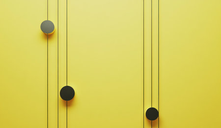 Yellow background with simple geometric shapes, 3D rendering, minimalism, and flat design style. The composition is symmetrical, with three-dimensional circular elements and one or two long straight lines as decoration. Simple color scheme, high saturation, bright light source, and a strong sense of spatial depth. The bright yellow tone creates an atmosphere full of vitality and energy, in the style of minimalist art. --ar 26:15 --v 6.1 Job ID: edb0ea11-ded9-4e98-9705-6b20066d8535の素材
