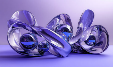 3D render of abstract futuristic twisted shapes with spheres on a purple background, 2D illustration style, simple, modern, gradient colors, high resolution, purple and blue theme, Octane rendering, Cinema 4D, Blender, high detail. --ar 5:3 --v 6.1 Job ID: ea67a15f-04bf-434e-aa32-dff26f87112dの素材
