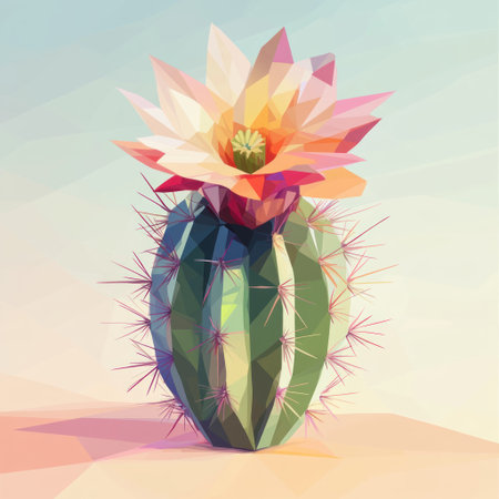 Vector illustration of a cactus with a flower, in a low-poly style, with bright colors and a pastel background. --v 6.1 Job ID: c395d7f6-03ae-4047-9e53-d4886134b264の素材