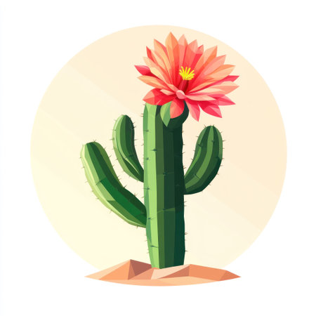 Vector flat geometric illustration of a cactus with a flower, featuring a bright color palette, simple shapes, low-poly style, a round background, high resolution, no shading details, high contrast, vibrant colors, soft shadows, and no gradient or glow effects. There is no text on the design. The overall composition should convey warmth and vitality. --v 6.1 Job ID: 75942834-ec9f-48f2-bed2-533355b17c03の素材