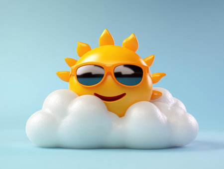 3D cartoon, a happy sun wearing sunglasses behind a white cloud, in the style of Pixar, clipart with a contour isolated on the background, high resolution. --ar 4:3 --v 6.1 Job ID: f7fffb13-8778-4d21-bc66-7ff041f2f098の素材