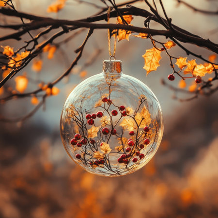 A transparent glass ornament, decorated with red and gold berries, light orange leaves, dark brown twigs, and golden metallic flowers inside the ball-shaped decoration hanging from an outdoor tree branch. The background is blurred to focus on the intricate details of each element in the clear glass sphere. Soft sunlight filters through, casting gentle shadows over the scene. This artistic creation creates a beautiful contrast between warm colors and cool lighting, evoking a sense of serene beauty. --v 6.1 Job ID: 97e327c9-4cf8-4545-9093-d4bbf9cc4178の素材