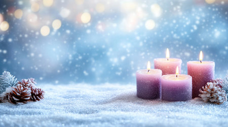 Christmas background with candles and snow, with space for text. Christmas greeting banner with purple candles on a blue starry night sky. --chaos 30 --ar 16:9 --v 6.1 Job ID: 04ed3c82-09ab-4b55-9056-75f9bdb965a8の素材