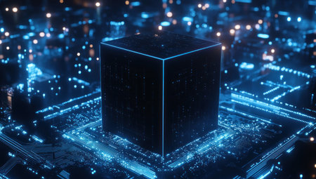 A square box on top of a chip, surrounded by glowing data points and digital connections. The background is an abstract technological landscape with circuit patterns and holographic images floating in space, in shades of blue. --ar 53:30 --v 6.1 Job ID: 2fb6a505-0b9d-4f6c-96ef-2dfe689fca0cの素材