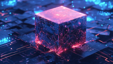 A square box on top of a chip, surrounded by glowing data points and digital connections. The background is an abstract technological landscape with circuit patterns and holographic images floating in space, in shades of blue. --ar 53:30 --v 6.1 Job ID: 2fb6a505-0b9d-4f6c-96ef-2dfe689fca0cの素材