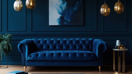 A stylish living room with a blue sofa, wooden flooring, and a wall painting, creating an elegant atmosphere. The room is illuminated by golden pendant lights hanging from the ceiling. A small table sits next to the sofa, adding some decorative elements to the space. The entire scene exudes warm tones and comfort. This photo was taken using a Canon EOS R5 camera. --chaos 30 --ar 16:9 --v 6.1 Job ID: 4343fb6f-716a-4444-baaa-769ef03ce34bの素材
