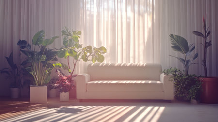 A white living room with plants and window light, creating an airy atmosphere. The minimalist interior features clean lines of furniture against the backdrop of bright sunlight filtering through the windows. This scene is perfect for showcasing home decor or product photography. --chaos 30 --ar 16:9 --v 6.1 Job ID: 39aef90e-b16a-4dcc-9551-3b286b3d9c1eの素材