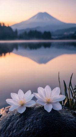 Two white flowers with dew on the edge of a rock, lake reflection with Mount Fuji in the background, sunrise, peaceful and serene, tranquil beauty, delicate petals, a peaceful moment captured in a photo, peaceful morning light, peaceful mood. --ar 71:128 --v 6.1 Job ID: 6b49e992-9c19-477d-9bde-82695cdde00aの素材