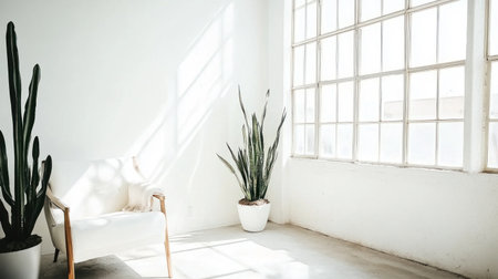 A white living room with plants and window light, creating an airy atmosphere. The minimalist interior features clean lines of furniture against the backdrop of bright sunlight filtering through the windows. This scene is perfect for showcasing home decor or product photography. --chaos 30 --ar 16:9 --v 6.1 Job ID: 39aef90e-b16a-4dcc-9551-3b286b3d9c1eの素材