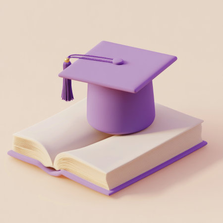 3D icon of a purple graduation cap on an open book with a diploma, in a minimalistic style, isometric view, on a light background, with matte clay texture, soft smooth lighting, pastel colors, warm color theme, Blender render. --v 6.1 Job ID: 810a71e7-bd94-4202-bcfa-cd494f563d9fの素材