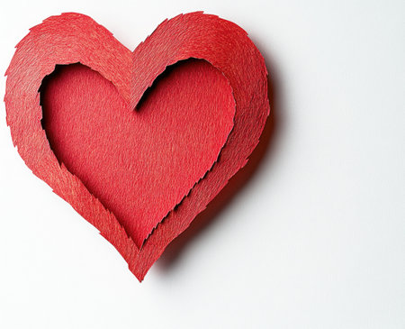 White background, red heart-shaped paper cutout, torn edges, flat lay, high resolution, studio lighting, professional color grading, sharp focus, minimalist composition, top view, centered composition, white space around the edges, isolated object, professional photography, professional color correction --ar 37:30 --v 6.1 Job ID: ece2838e-1130-44d5-b908-77cee7cdd6c7の素材