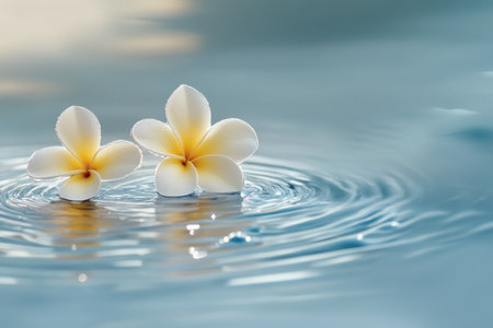Two beautiful frangipani flowers floating on the water, with blue and white ripples on top of them. The background is light blue, with a sense of depth in high-definition photography. The color scheme is white and yellow, with bright colors and soft lighting. The image has high resolution, a natural style, high detail, clear focus, and a water reflection effect with water droplets. It creates an atmosphere full of tranquility and romance. --ar 3:2 --v 6.1 Job ID: 3c07108a-e0c8-4e1b-b003-807fca308a39の素材