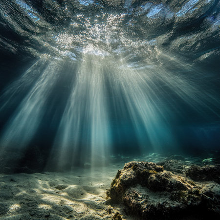 Underwater view of the ocean floor, with blue water and light rays shining down from above, creating an underwater scene. --v 6.1 Job ID: b6dd2ec9-7504-45fd-b174-3dd0fbf531adの素材
