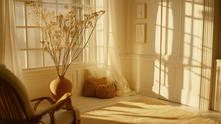 A minimalist room with white walls, vintage wall decor, a beige rug on the floor, and empty space for product photography. The soft lighting was captured using a Sony Alpha A7R IV camera with a 50mm f/2 lens at a focus distance of three feet, resulting in a frame with no shadows. --chaos 30 --ar 16:9 --v 6.1 Job ID: 58ceae1c-8457-4f33-8f89-d86d7ac72fd6の素材