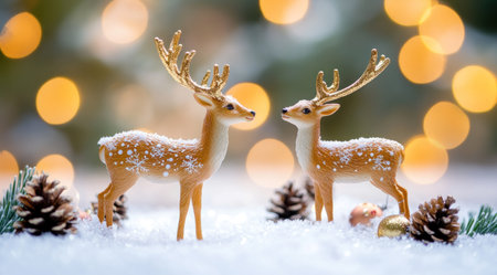 Two Christmas deer figurines standing on snow with bokeh lights and pine cones, creating an enchanting festive background for holiday cards or decorations. --ar 128:71 --v 6.1 Job ID: d9b53b11-fb79-4af0-a649-a5866f671938の素材