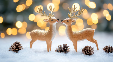 Two Christmas deer figurines standing on snow with bokeh lights and pine cones, creating an enchanting festive background for holiday cards or decorations. --ar 128:71 --v 6.1 Job ID: d9b53b11-fb79-4af0-a649-a5866f671938の素材