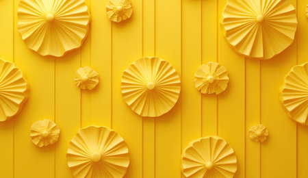 Yellow background with simple geometric shapes, 3D rendering, minimalism, and flat design style. The composition is symmetrical, with three-dimensional circular elements and one or two long straight lines as decoration. Simple color scheme, high saturation, bright light source, and a strong sense of spatial depth. The bright yellow tone creates an atmosphere full of vitality and energy, in the style of minimalist art. --ar 26:15 --v 6.1 Job ID: edb0ea11-ded9-4e98-9705-6b20066d8535の素材