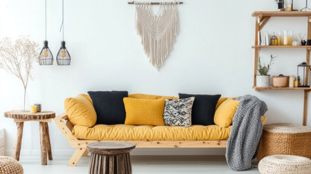 A wooden sofa with yellow cushions and black pillows sits in the living room of an apartment, against white walls. A gray blanket is draped over one armrest. On each side stand two small brown wooden tables with candles inside them. In front stands a beige shelf holding various home decor items such as a hanging macrame wall art, vases, books, lamps, plants, and artwork. The floor nearby has light-colored wood planks. --chaos 30 --ar 16:9 --v 6.1 Job ID: 3866e8eb-459f-472b-b77e-2db1c06ac5f9の素材