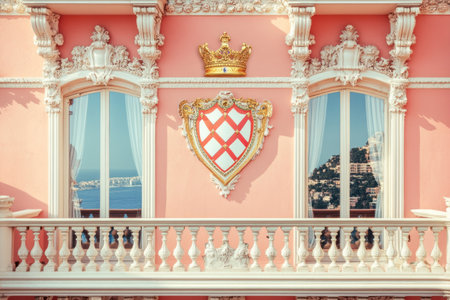 The iconic white and red diamond pattern of the Royal Ocean's coat of arms is on display in front of an elegant pastel pink building with ornate details, while two windows show a view over Cote d'Azur, Monaco. A golden royal crown hovers above the shield on a sunny day, captured in professional photography. --ar 3:2 --v 6.1 Job ID: d8ba279b-8062-4ea5-bdd2-2b800da78fc1の素材