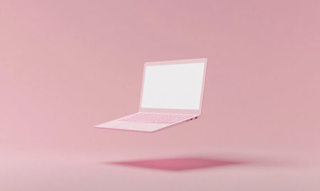 3D isometric view of a white laptop mockup floating on a solid background, minimalistic, monochromatic, flat lay, centered, high resolution, Octane render, studio lighting, product photography, isolated on the edges, no shadows, white blank screen, plain white interior background. --ar 5:3 --v 6.1 Job ID: 9878eea9-bab6-498c-b787-90c112c7d3dcの素材