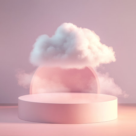 3D render of a minimal podium with a cloud, pastel pink background, soft lighting, high-resolution photography. --v 6.1 Job ID: 35421a3d-dfe3-406b-9647-624039b556e5の素材