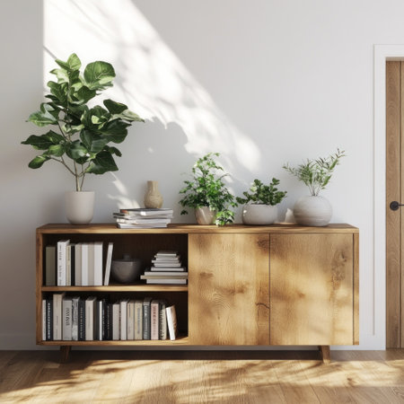 3D rendering of a sideboard in a wooden style, with books and plants on it, against a white wall. There is a door to the right of the cabinet. Interior design of a modern living room or entrance hall. --v 6.1 Job ID: 98f5876a-dca3-49d6-a83d-cf282a187bb5の素材