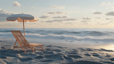 3D render of a beach chair and umbrella on the sand of an island in the ocean. Summer vacation concept, banner design with copy space area for text or logo. --chaos 30 --ar 16:9 --v 6.1 Job ID: 4d185ea6-3089-42f0-b657-d4a1a05ebc14の素材